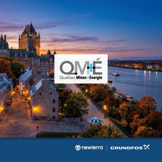 Twilight view of Quebec City's skyline, featuring Château Frontenac beside the river, with a blue bottom banner showing Newterra and Grundfos logos.